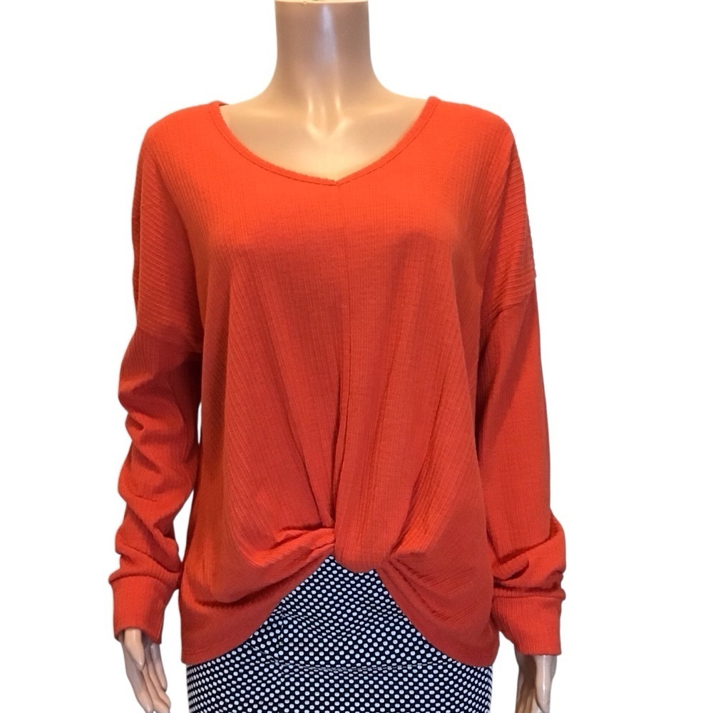 SO Women’s XL Ribbed Knit Long Sleeve Top Red Twist Front Hem Cozy Casual Shirt